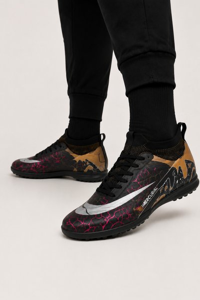Jagulep Men's High Ankle Football Turf Field Shoes with Socks Black - Gold