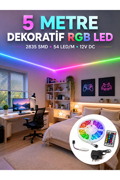 UCUZTEKNO 5 Metre RGB Şerit LED 2835 SMD 54 LED/M Uzaktan Kumandalı Dekoratif...