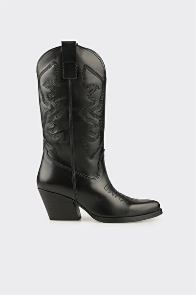 Elle Shoes Siyah Deri Kadın Western Çizme