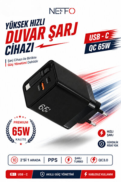 NEFFO 65W Hızlı Şarj Aleti USB-C + USB-A QC 3.0 PPS 2'li Adaptörlü Şarj Aleti...