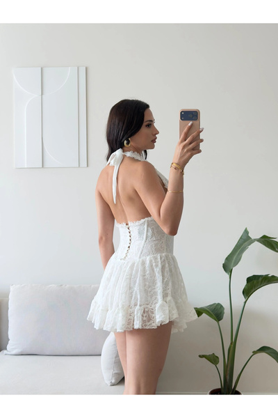Zoom Butik Halter Dantel Korseli Mini Elbise - BEYAZ