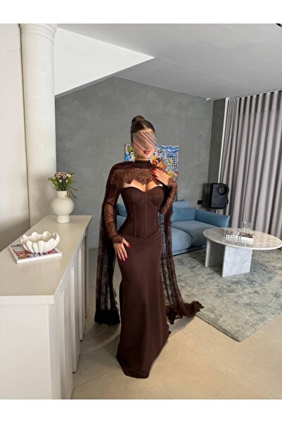 NALA FASHION فستان سهرة فاخر بلون البني الداكي