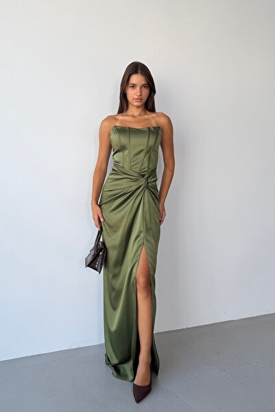 Serica Moda Khaki Strapless Waist Knotted Underwire Slit Long Evening Dress