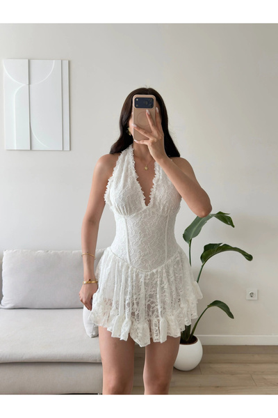 Zoom Butik Halter Dantel Korseli Mini Elbise - BEYAZ