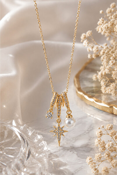 Sylvera Shop Polar Star & Pearl Charm Steel Necklace (Gold Color)