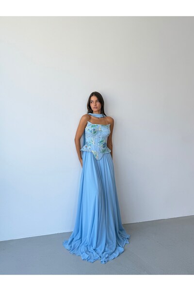 Serica Moda Baby Blue Strapless Embroidered Bustier Detailed Long Evening Dress