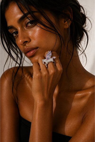POSEİDONS JEWELLERY Zircon Stone Pegasus Ring – Adjustable Silver Statement D...