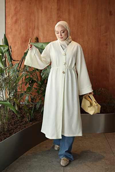 onlymoon Beyaz Yıldız Düğme Detaylı Hırka Kimono | Uzun Rahat Kesim Modern Ka...