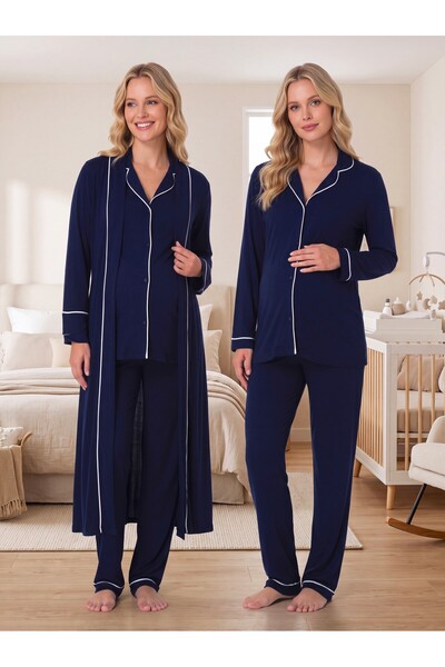 Lohussa New Season Navy Blue Ribbed Full Button Detailed Design Long Sleeve 1...