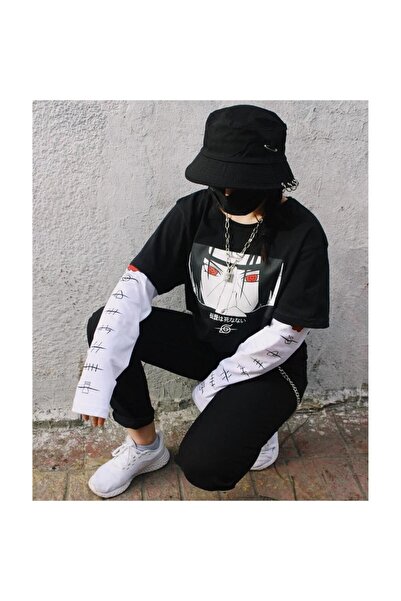 ARS Butik Naruto Uchiha Symbol Detail White Long Sleeve T-Shirt