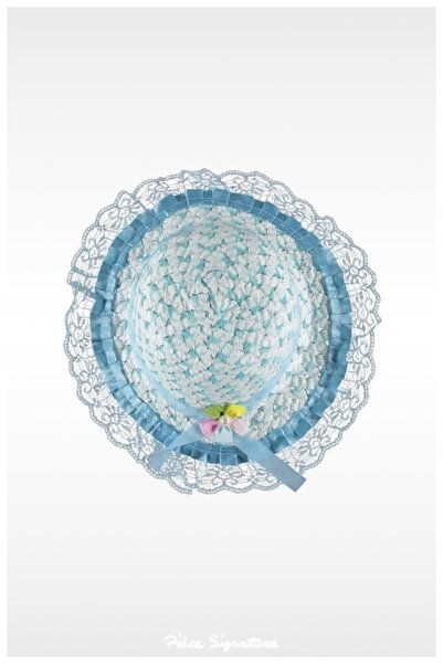 PIECE SIGNATURE Mercerized Children's Hat with Pearls and Lace (Age 2-6) (Blue)