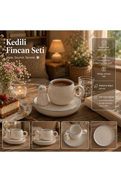 Anadolu Saray Minimal Kedi Figürlü Seramik Kahve Fincanı Takımı Modern Türk K...