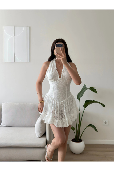 Zoom Butik Halter Dantel Korseli Mini Elbise - BEYAZ