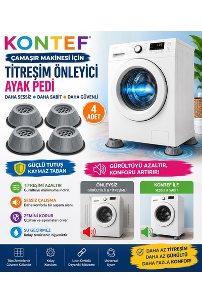 KONTEF Çamaşır Makinesi Titreşim Önleyici Ayak Pedi 4’lü Set Kaymaz Taban