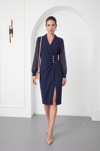 Lafaba Women's Navy Blue Double Breasted Collar Chiffon Sleeve Midi Event Dress