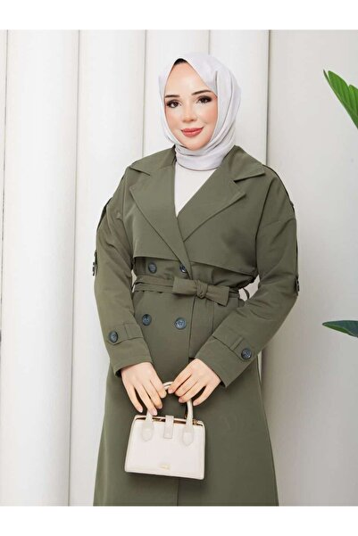 Vibeys Moda KADIN KUŞAKLI VE DÜĞME DETAYLI TRENÇKOT