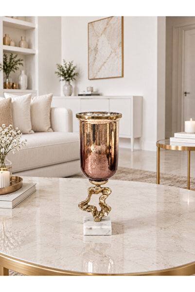Hinora Dekoratif Gold Rose Cam Vazo – Pirinç Detaylı Mermer Tabanlı Salon Vaz...