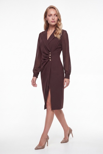 Lafaba Women's Brown Double Breasted Collar Chiffon Sleeve Midi Event Dress