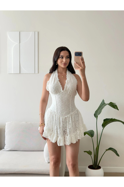Zoom Butik Halter Dantel Korseli Mini Elbise - BEYAZ