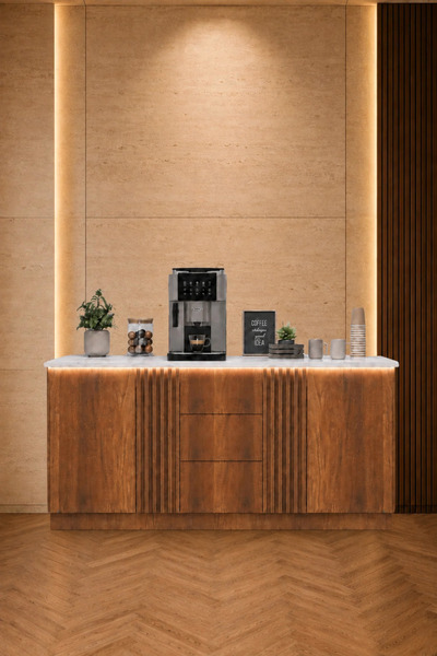 coffee world Modern Lighted Coffee Corner with White Wood Grain Surface