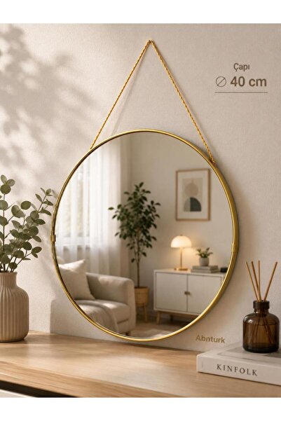 abnturk 40cm Dekoratif Yuvarlak Duvar Aynası- Gold Çerçeveli Salon Mutfak Ant...