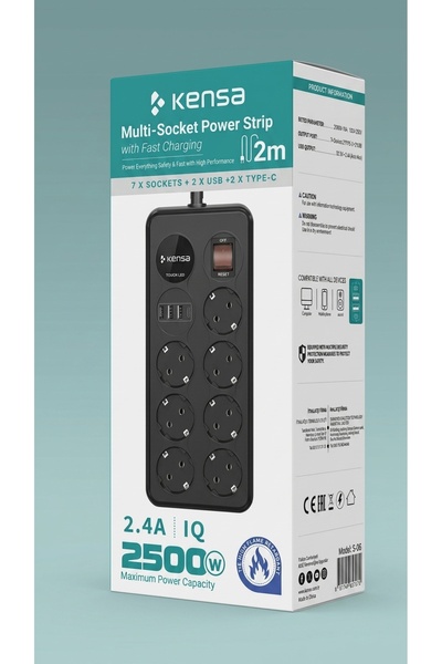Forestia 7'li Priz 4 USB Portlu (2 Type-C + 2 USB-A) 2m Kablolu Akıllı Akım K...