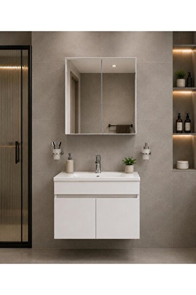 Demezler Home Modern 65 cm Beyaz MDF Hilton Banyo Dolabı Takımı Aynalı Kulpsu...