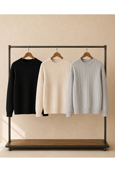 OTAKU 3-Pack Men's Ribbed Crew Neck Winter Knit Sweater