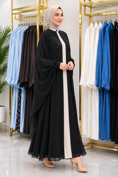 NATURAMED Asil Siyah ve Bej Renk Bloklu Çiçek İşlemeli Şifon Kaftan Abaya