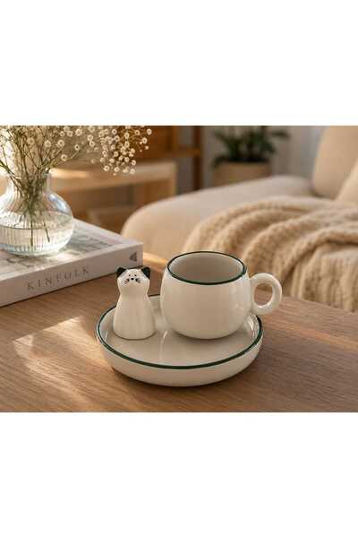 Anadolu Saray Minimal Kedi Figürlü Seramik Kahve Fincanı Takımı Modern Türk K...
