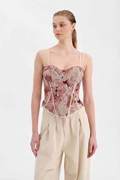 tw3 Women's Jacquard Fabric Corset with Padded Chest and Lace-Up Back Design