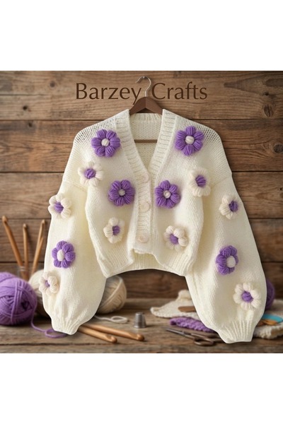 Barzey crafts Women's Hand-Knitted Floral Cardigan Model