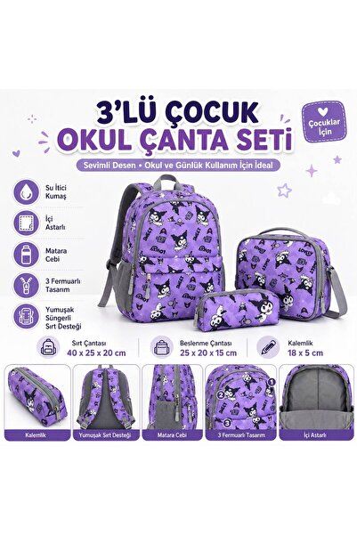 GRT Kawaii Kore Tarzı Kuromi Karakter 3’lü Kız Çocuk Okul Çantası Seti Sırt Ç...