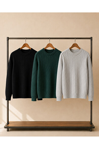 OTAKU 3-Pack Men's Ribbed Crew Neck Winter Knit Sweater