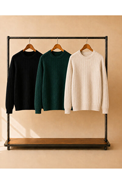 OTAKU 3-Pack Men's Ribbed Crew Neck Winter Knit Sweater