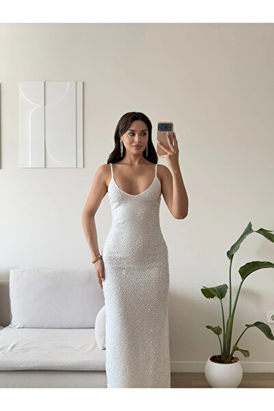 Zoom Butik Pul Payetli Askılı Elbise - BEYAZ