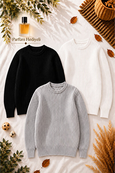 legends butik Men's 3-Piece Premium Ribbed Knitwear Sweater + 100 ml Perfume ...