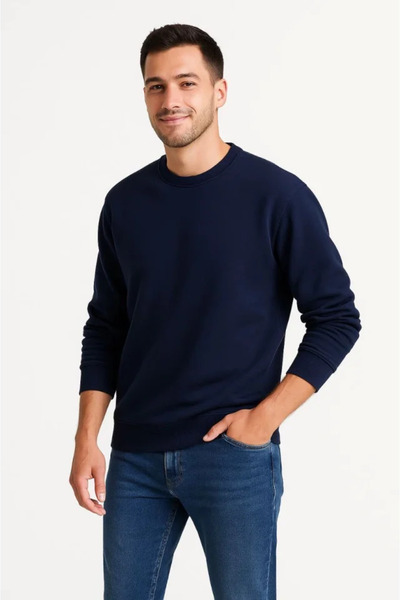 Generic Brand Men's Three Thread Plain Crew Neck Sweatshirt - Navy Blue