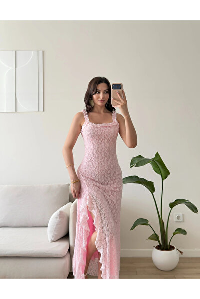 Zoom Butik Derin Yırtmaç Dantelli Elbise - PEMBE