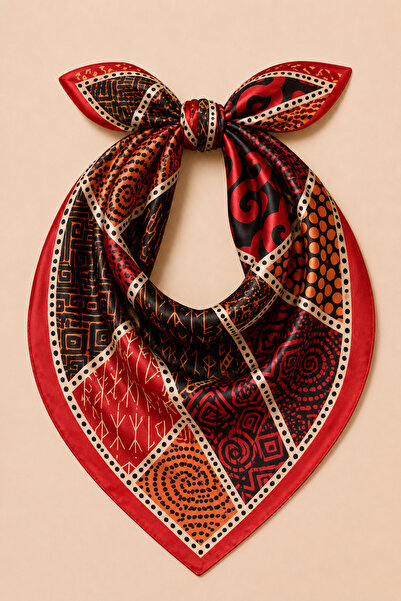 OUS Women's Ethnic Geometric Patterned 70X70 cm Red Edged, Satin Scarf, Squar...