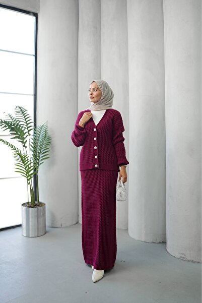 ankanoor Button Detailed Felt Knitwear Cardigan Skirt Set Anka261041