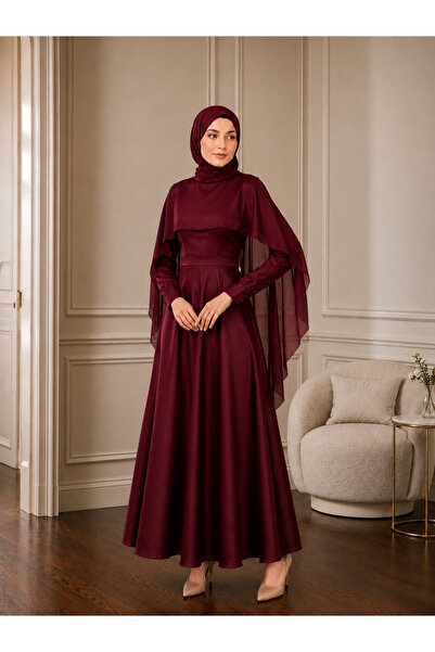 By Atelier RÜYA Bordo Şifon Pelerinli Çıkarılabilir Kemerli Uzun Kloş Abiye/E...