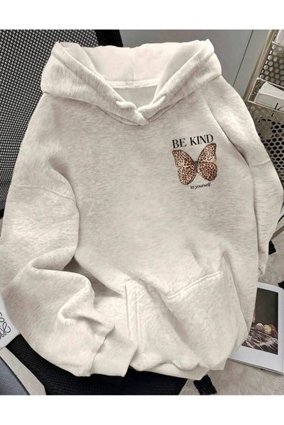 LELVANİ Be Kind to Yourself Butterfly Printed Hooded Sweatshirt