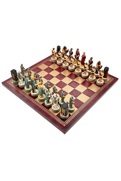 İTALFAMA Set de piese de șah italienești Greci vs Romani + tablă auriu/burgun...