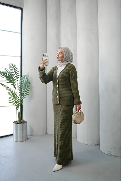 ankanoor Button Detailed Felt Knitwear Cardigan Skirt Set Anka261041
