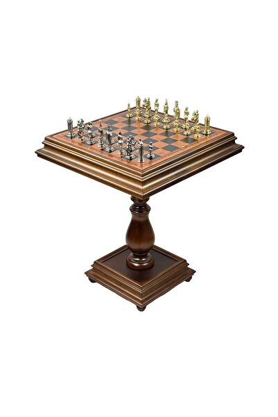 İTALFAMA Masă de șah exclusivă (66 cm) + Piese metalice medii Camelot + Dame