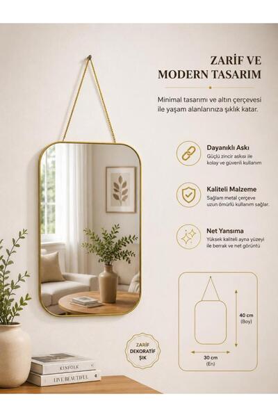 abnturk 40x30cm Dekoratif Kenarları Oval Dikdörtgen Duvar Aynası-Gold Çerçeve...