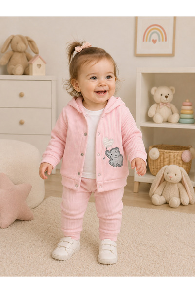 buzy kids concept Baby Girl Pink Fleece Hooded Seasonal 90% Cotton Triple Set