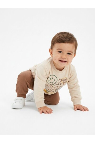 Kids Kingdom Pamuklu Bisiklet Yaka Erkek Bebek 2li Takım Kahverengi