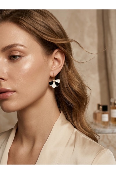 Nuveria Black and White Flower Figured Gold Clip Earrings |   Elegant Women's...
